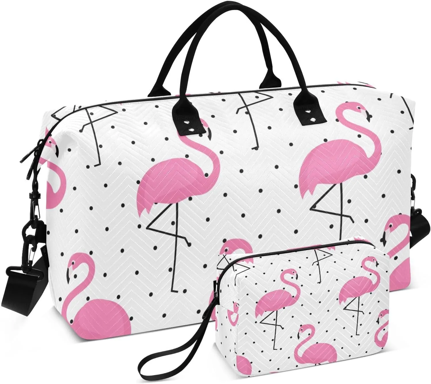 Flamingo Pattern on Polka Dots Duffel Bag for Gym Yoga Weekender Overnight Quilting Travel Bag Set