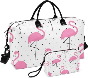Flamingo Pattern on Polka Dots Duffel Bag for Gym Yoga Weekender Overnight Quilting Travel Bag Set