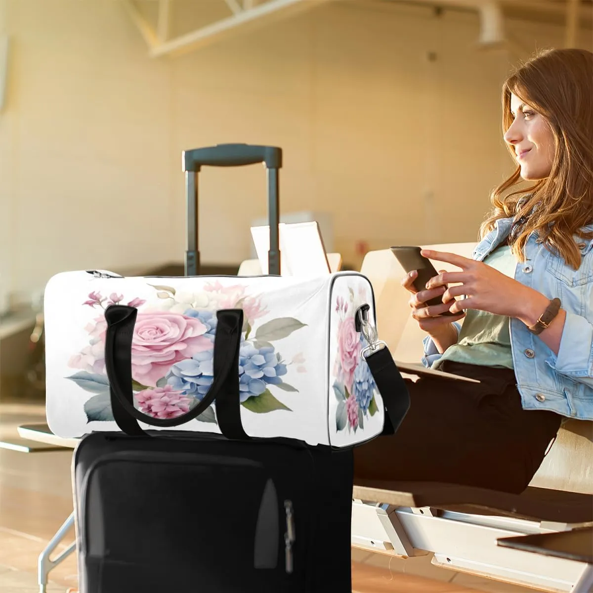 Flora Flowers Hydrangeas Travel Duffle Bag, Sports Gym Bags for Women Men, Carry On Weekender Overnight Workout Airplane Trips Bag