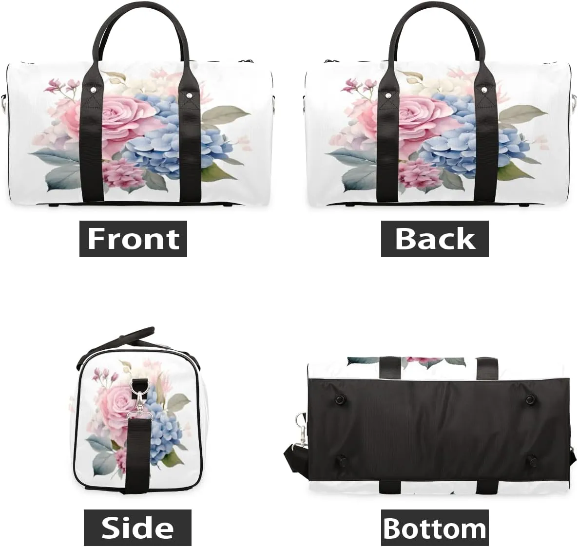 Flora Flowers Hydrangeas Travel Duffle Bag, Sports Gym Bags for Women Men, Carry On Weekender Overnight Workout Airplane Trips Bag