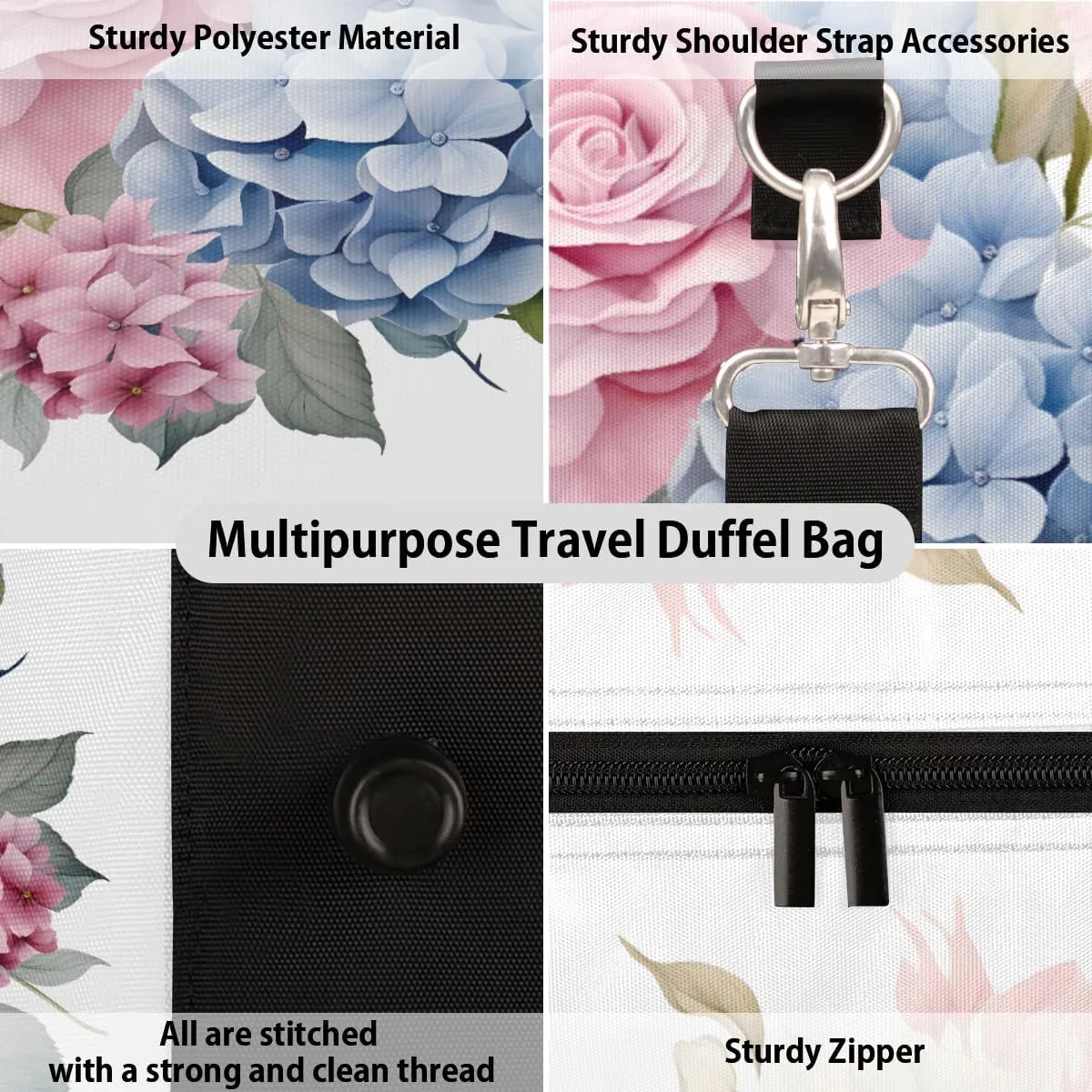 Flora Flowers Hydrangeas Travel Duffle Bag, Sports Gym Bags for Women Men, Carry On Weekender Overnight Workout Airplane Trips Bag