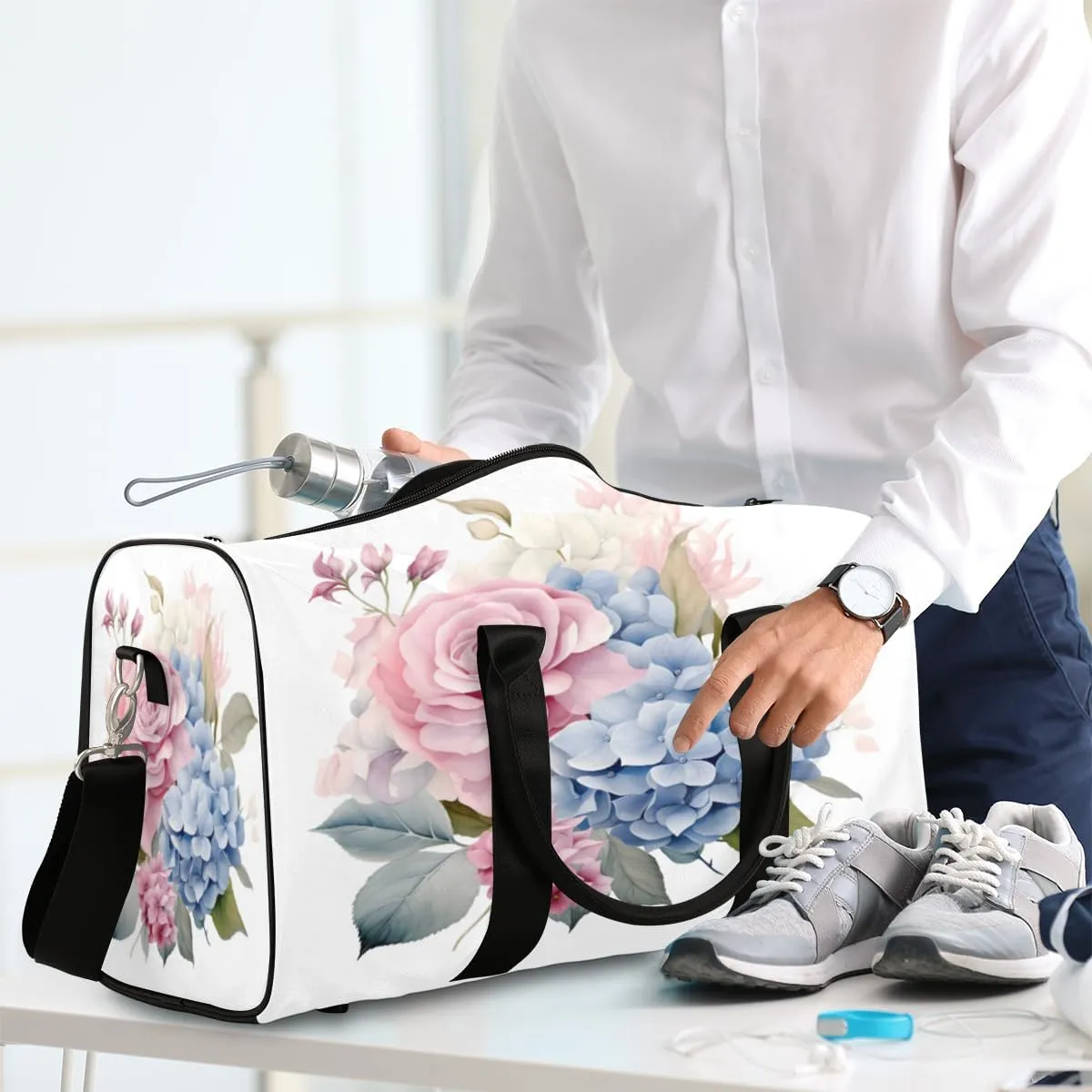Flora Flowers Hydrangeas Travel Duffle Bag, Sports Gym Bags for Women Men, Carry On Weekender Overnight Workout Airplane Trips Bag