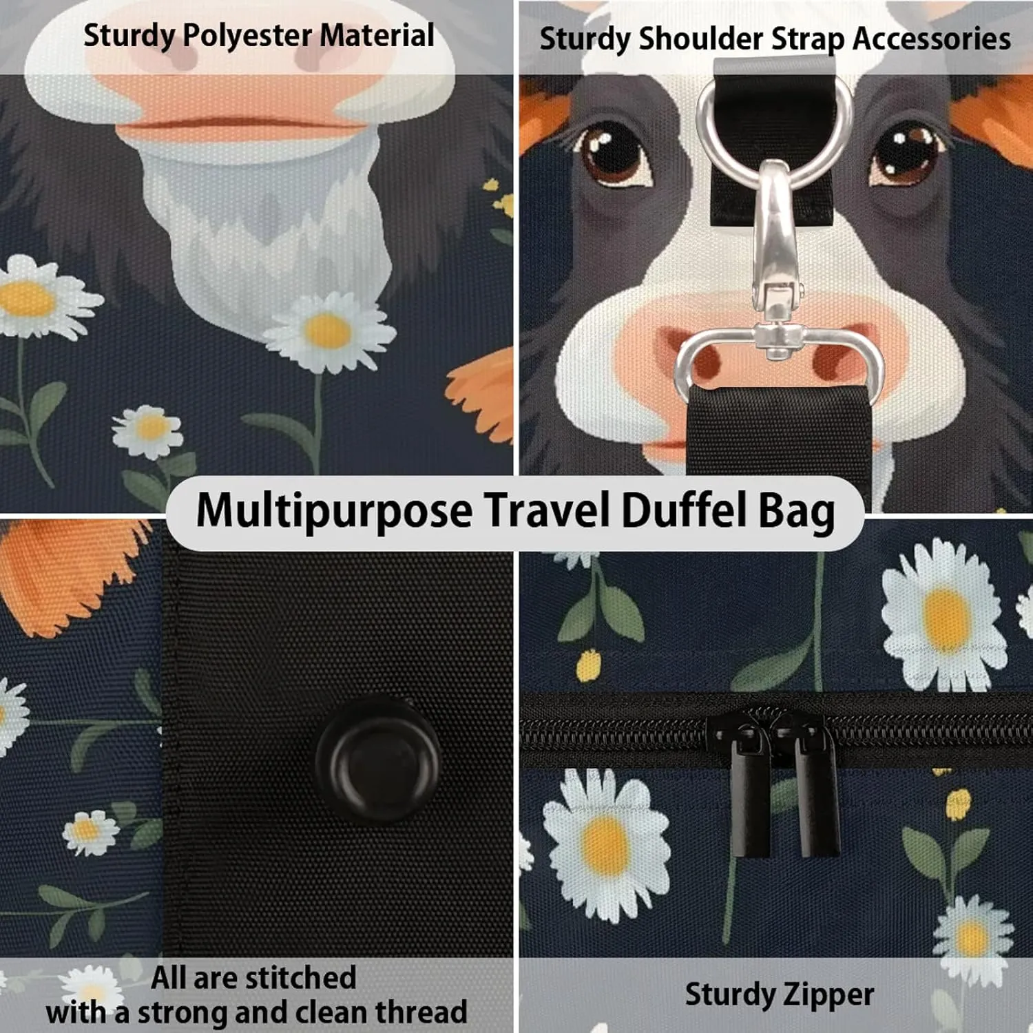 Floral Cow Travel Bag for Men Women, Gym Duffle Bags for Travel, Carry On Luggage Bag, Weekender Overnight Workout Bags