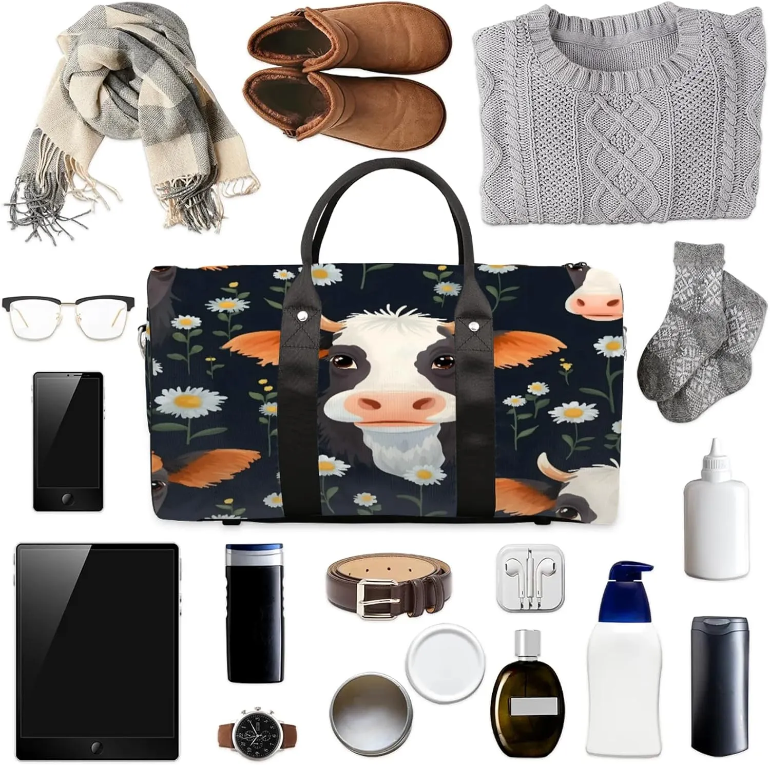 Floral Cow Travel Bag for Men Women, Gym Duffle Bags for Travel, Carry On Luggage Bag, Weekender Overnight Workout Bags