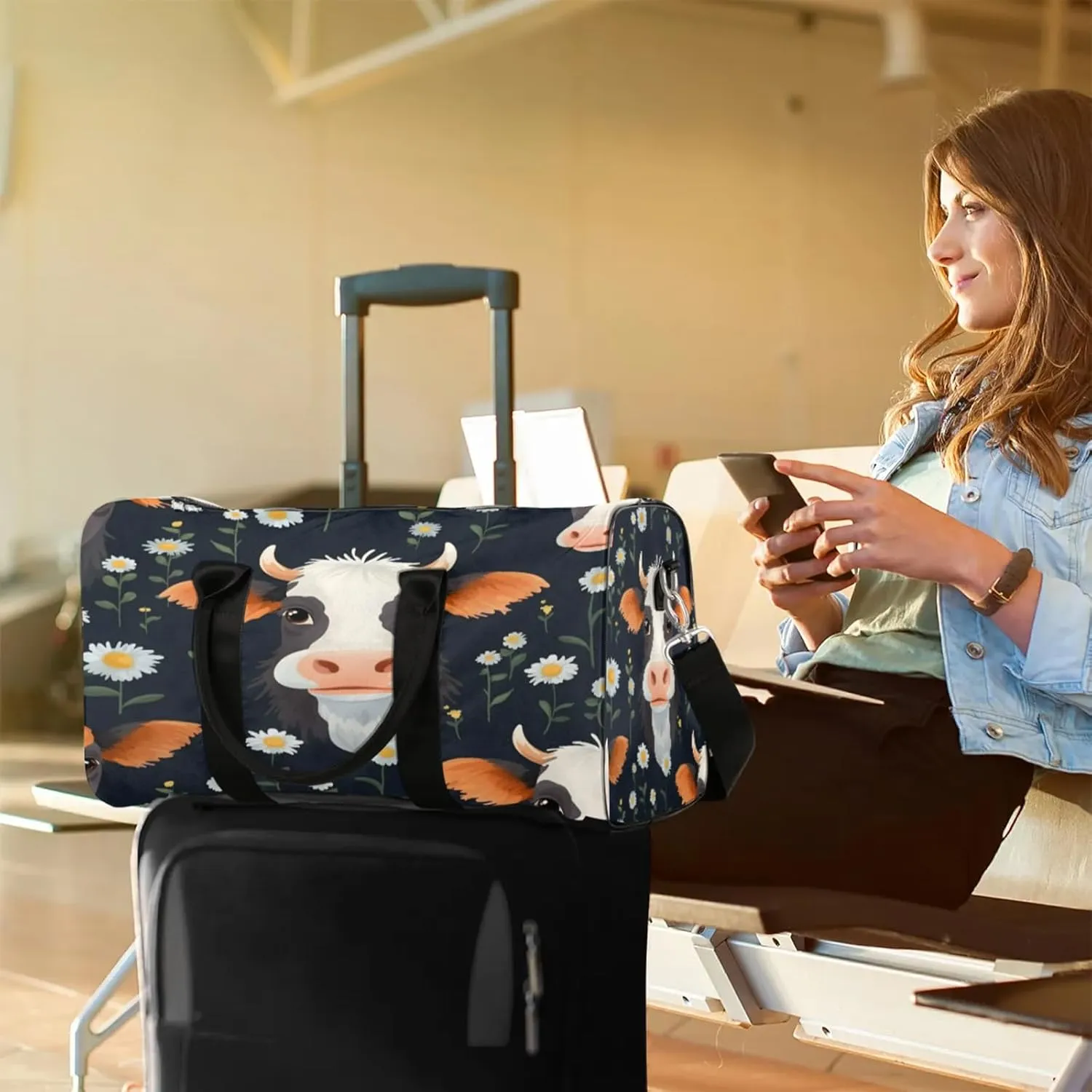 Floral Cow Travel Bag for Men Women, Gym Duffle Bags for Travel, Carry On Luggage Bag, Weekender Overnight Workout Bags