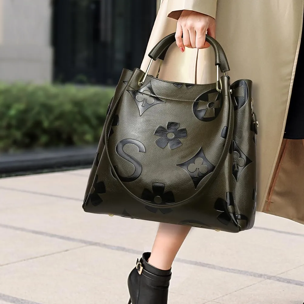 Floral Embossed Tote Bag,Bucket Purse Top Handle Crossbody Clutch Large Vegan Leather Hobo Trendy Designer Handbag for Women