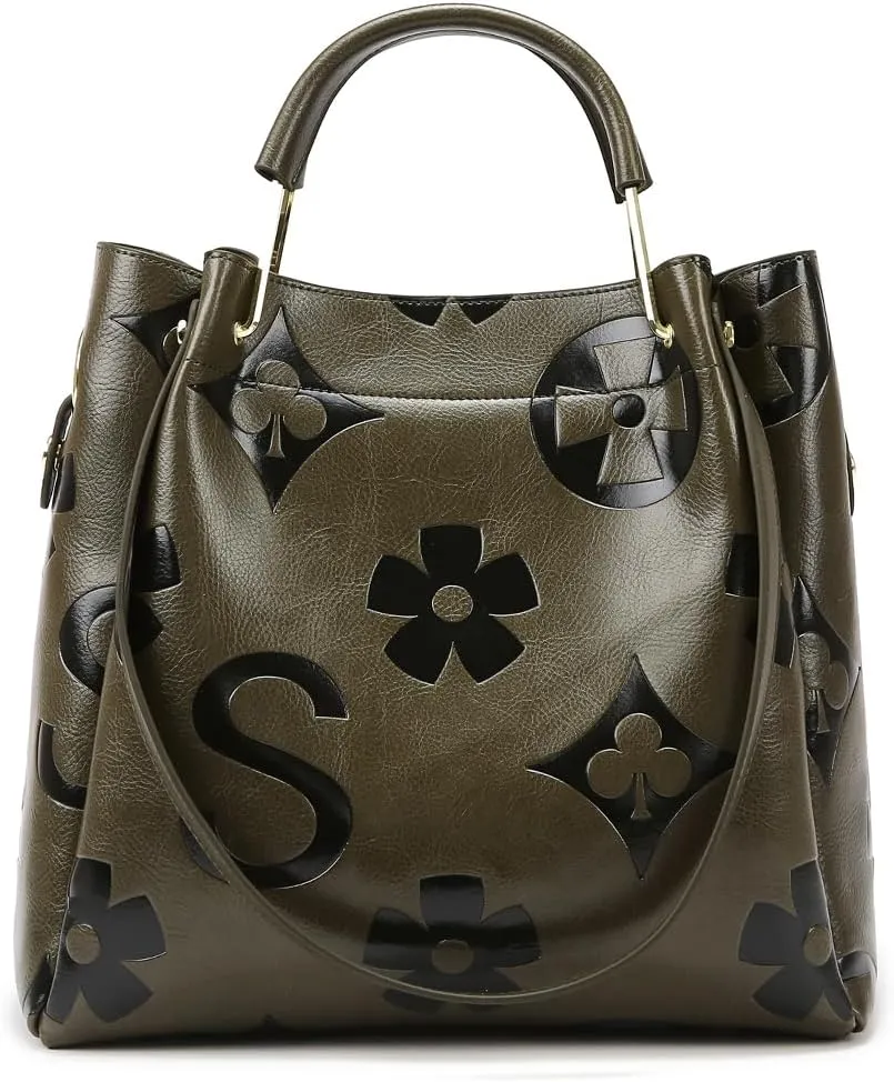 Floral Embossed Tote Bag,Bucket Purse Top Handle Crossbody Clutch Large Vegan Leather Hobo Trendy Designer Handbag for Women