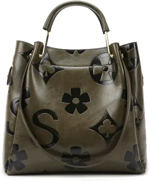 Floral Embossed Tote Bag,Bucket Purse Top Handle Crossbody Clutch Large Vegan Leather Hobo Trendy Designer Handbag for Women