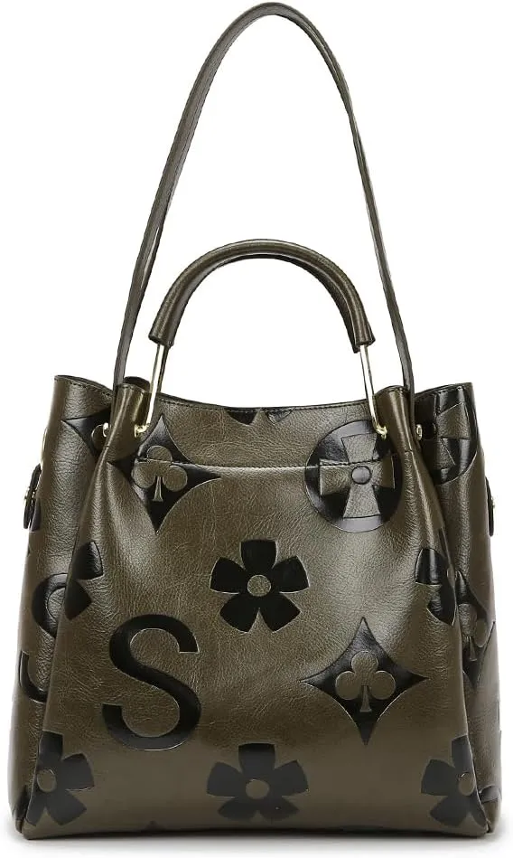 Floral Embossed Tote Bag,Bucket Purse Top Handle Crossbody Clutch Large Vegan Leather Hobo Trendy Designer Handbag for Women