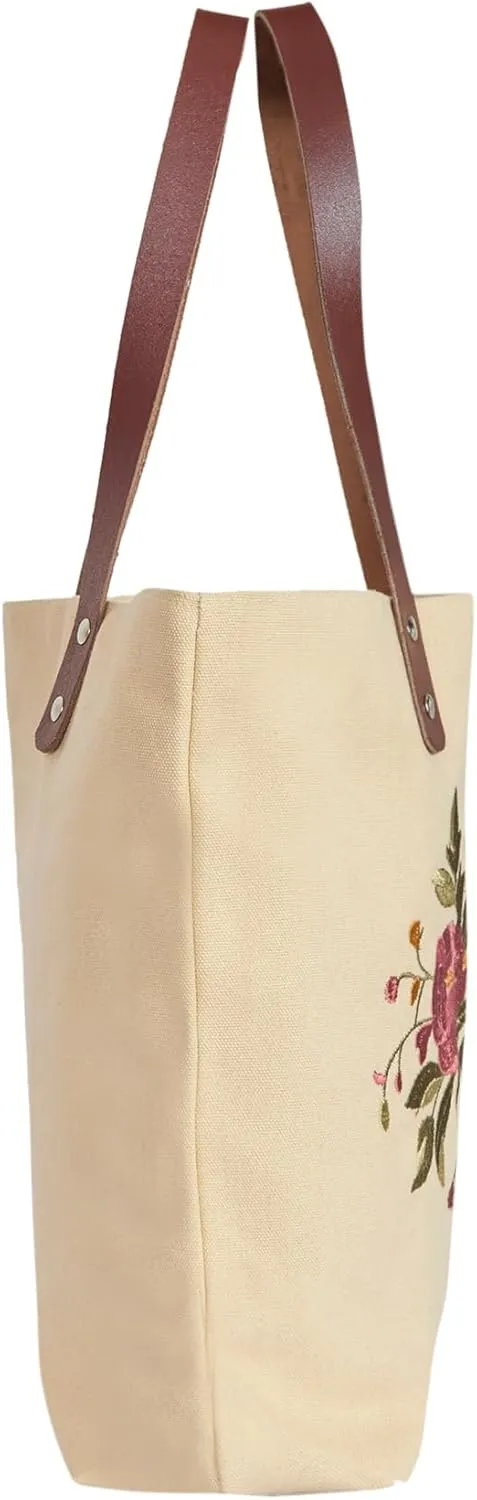 Floral Embroidered Canvas Tote for Women with Cotton Lining & Leather Handle—Perfect for Travel, Beach & Daily Use