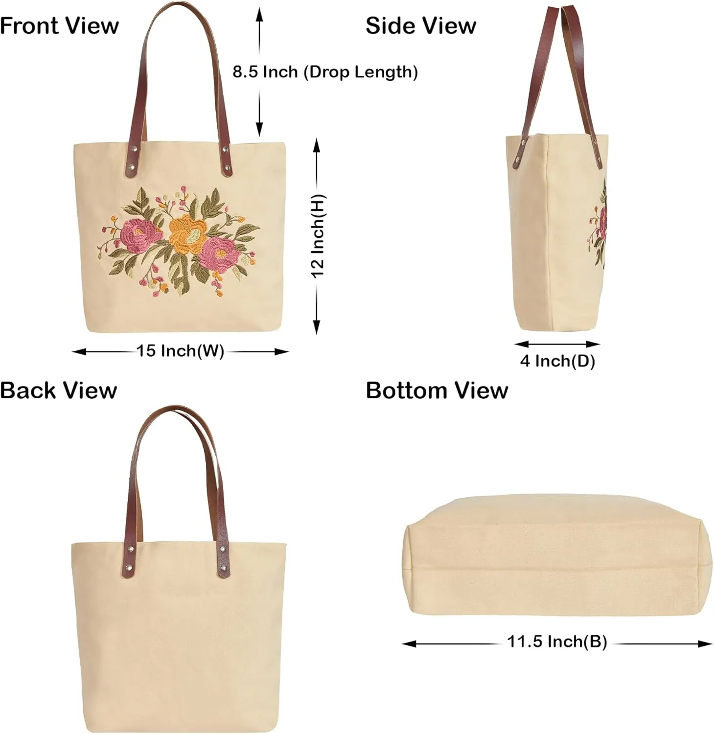 Floral Embroidered Canvas Tote for Women with Cotton Lining & Leather Handle—Perfect for Travel, Beach & Daily Use