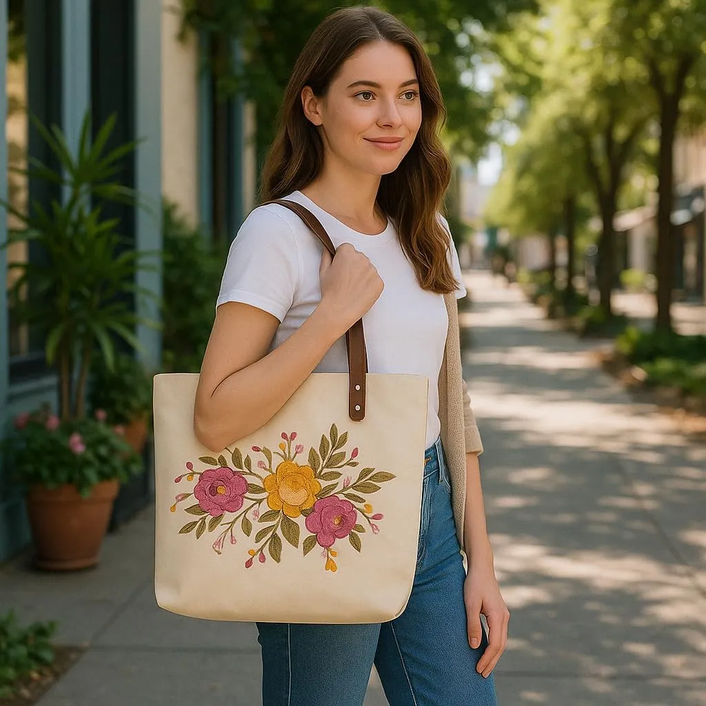 Floral Embroidered Canvas Tote for Women with Cotton Lining & Leather Handle—Perfect for Travel, Beach & Daily Use