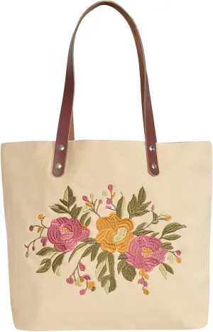 Floral Embroidered Canvas Tote for Women with Cotton Lining & Leather Handle—Perfect for Travel, Beach & Daily Use