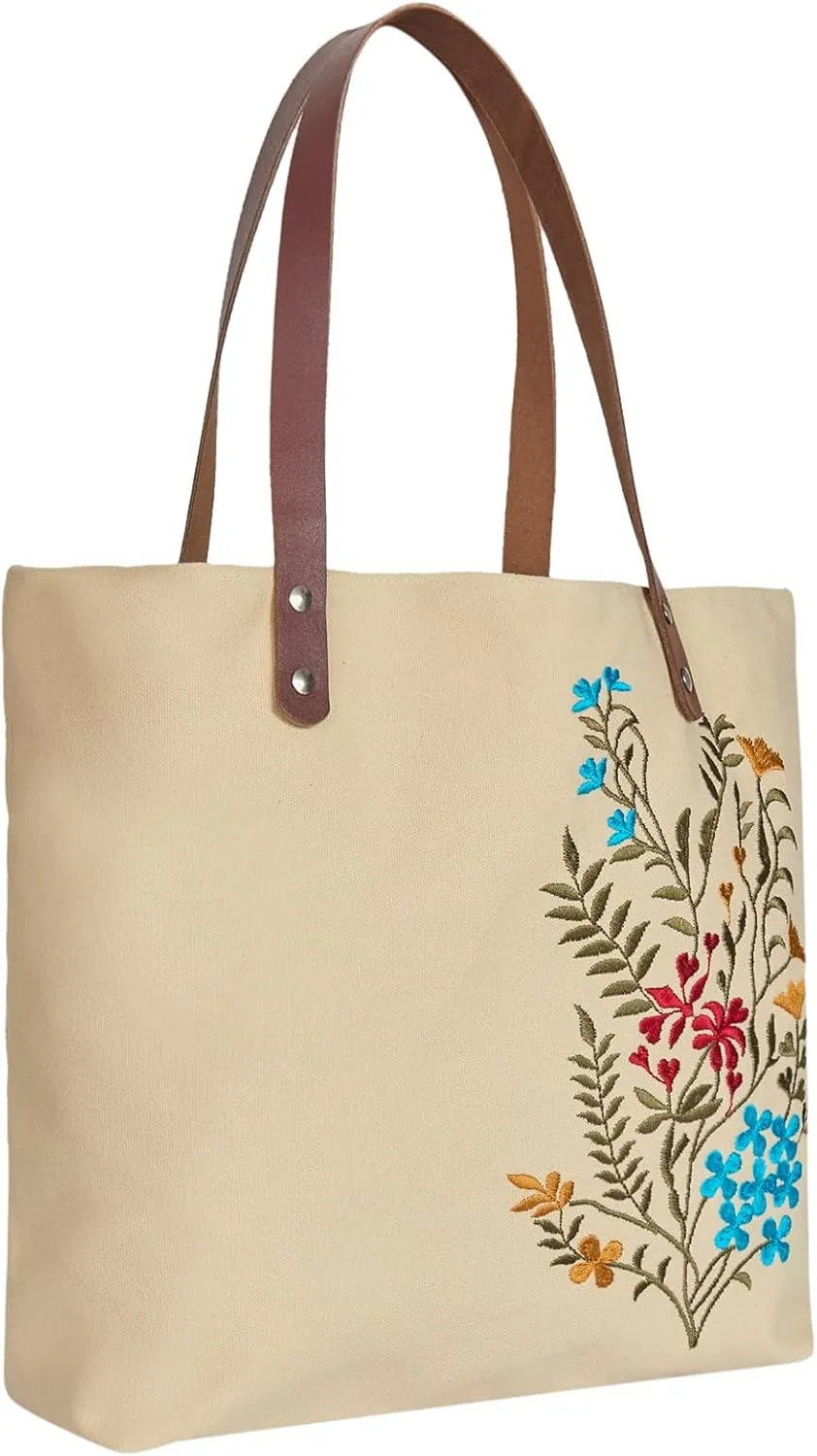 Floral Embroidered Canvas Tote for Women with Cotton Lining & Leather Handle—Perfect for Travel, Beach & Daily Use