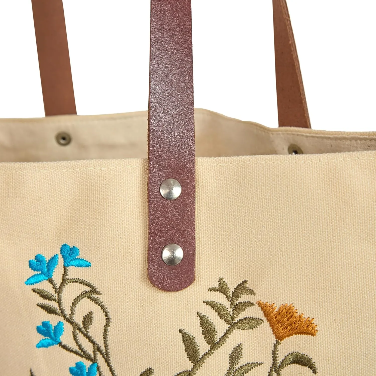 Floral Embroidered Canvas Tote for Women with Cotton Lining & Leather Handle—Perfect for Travel, Beach & Daily Use