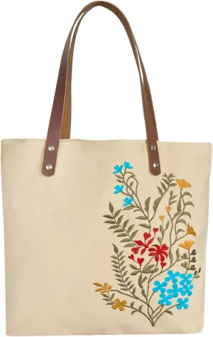 Floral Embroidered Canvas Tote for Women with Cotton Lining & Leather Handle—Perfect for Travel, Beach & Daily Use