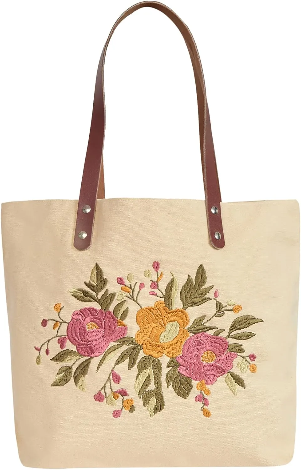 Floral Embroidered Canvas Tote for Women with Cotton Lining & Leather Handle—Perfect for Travel, Beach & Daily Use