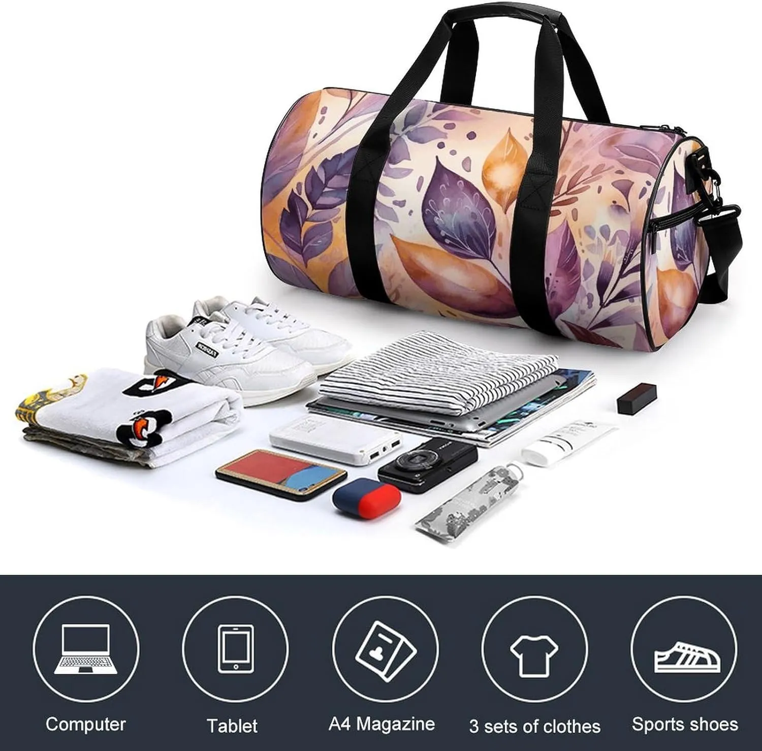 Flower And Leaf Pattern Gym Bag Small Travel Duffle Bag with Compartment Carry On Weekender Bag for Women Men