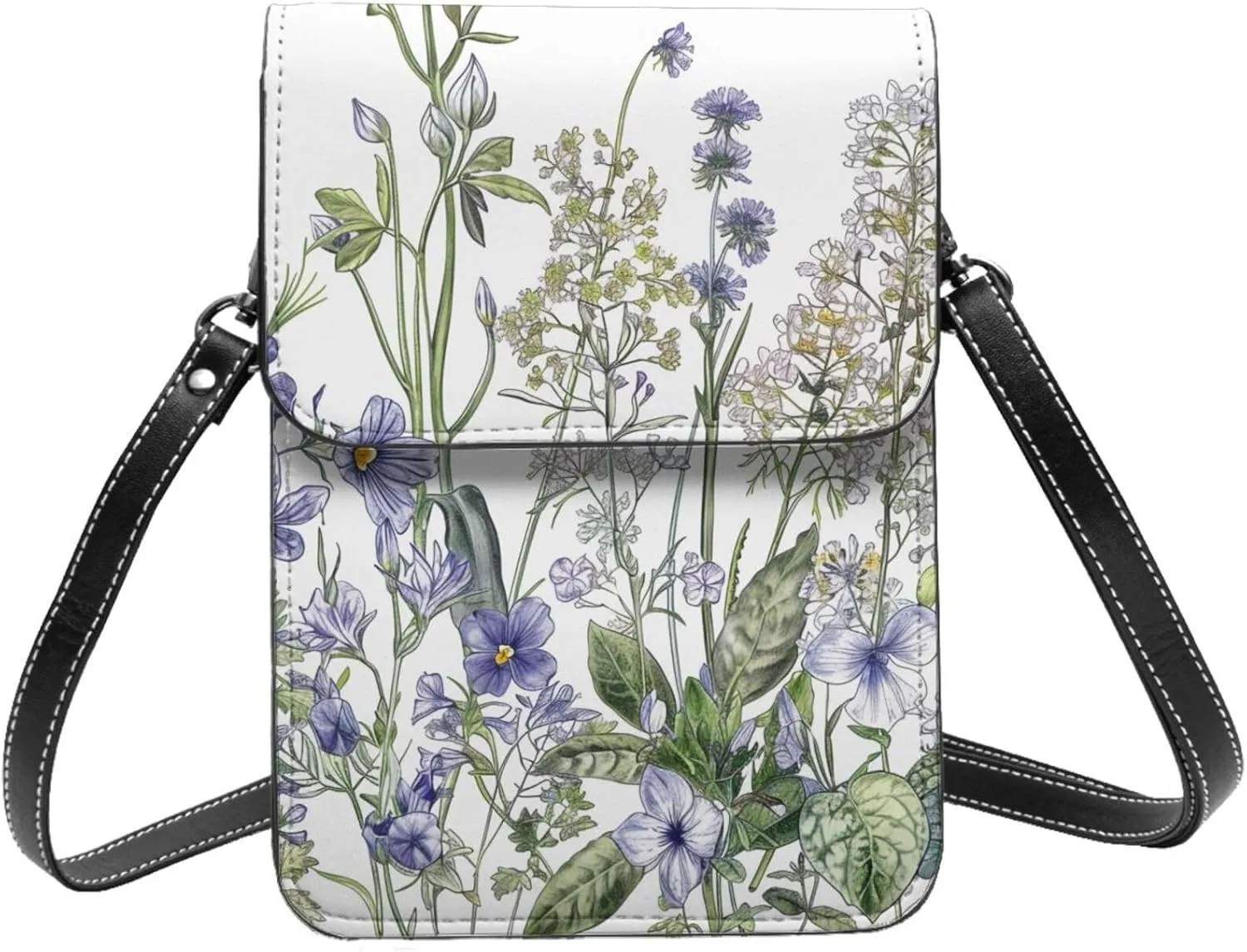 Flowering Herbs and Herbaceous Plants Printed Crossbody Cell Phone Bag for Women Men, Small Leather Cell Phone Purse Wallet, Hold Two Phones