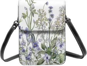 Flowering Herbs and Herbaceous Plants Printed Crossbody Cell Phone Bag for Women Men, Small Leather Cell Phone Purse Wallet, Hold Two Phones