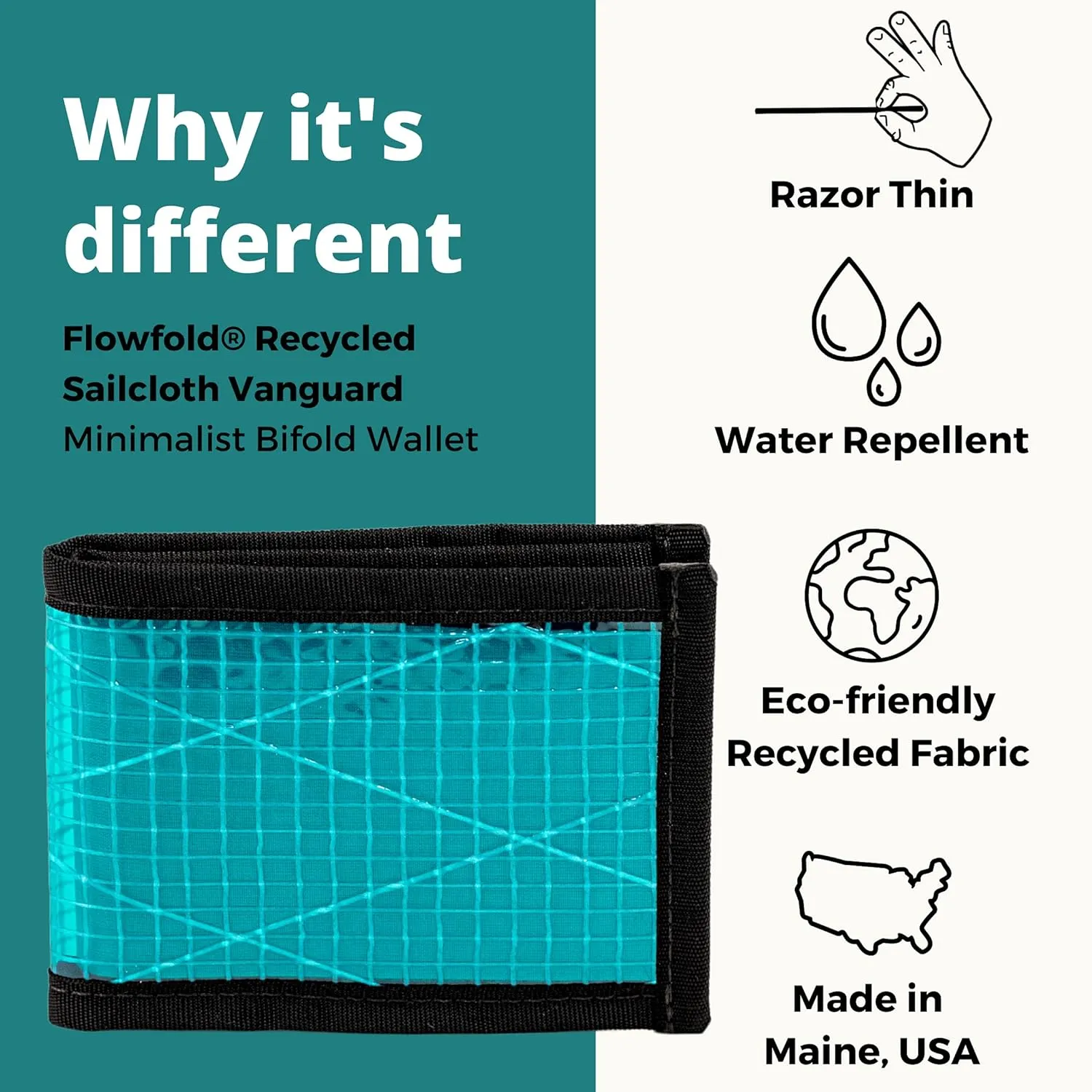 Flowfold Recycled Sailcloth Wallets - Vanguard Bifold Wallet, Front Pocket Wallet, Slim Minimalist Wallets Made in USA (Cyan Sailcloth)