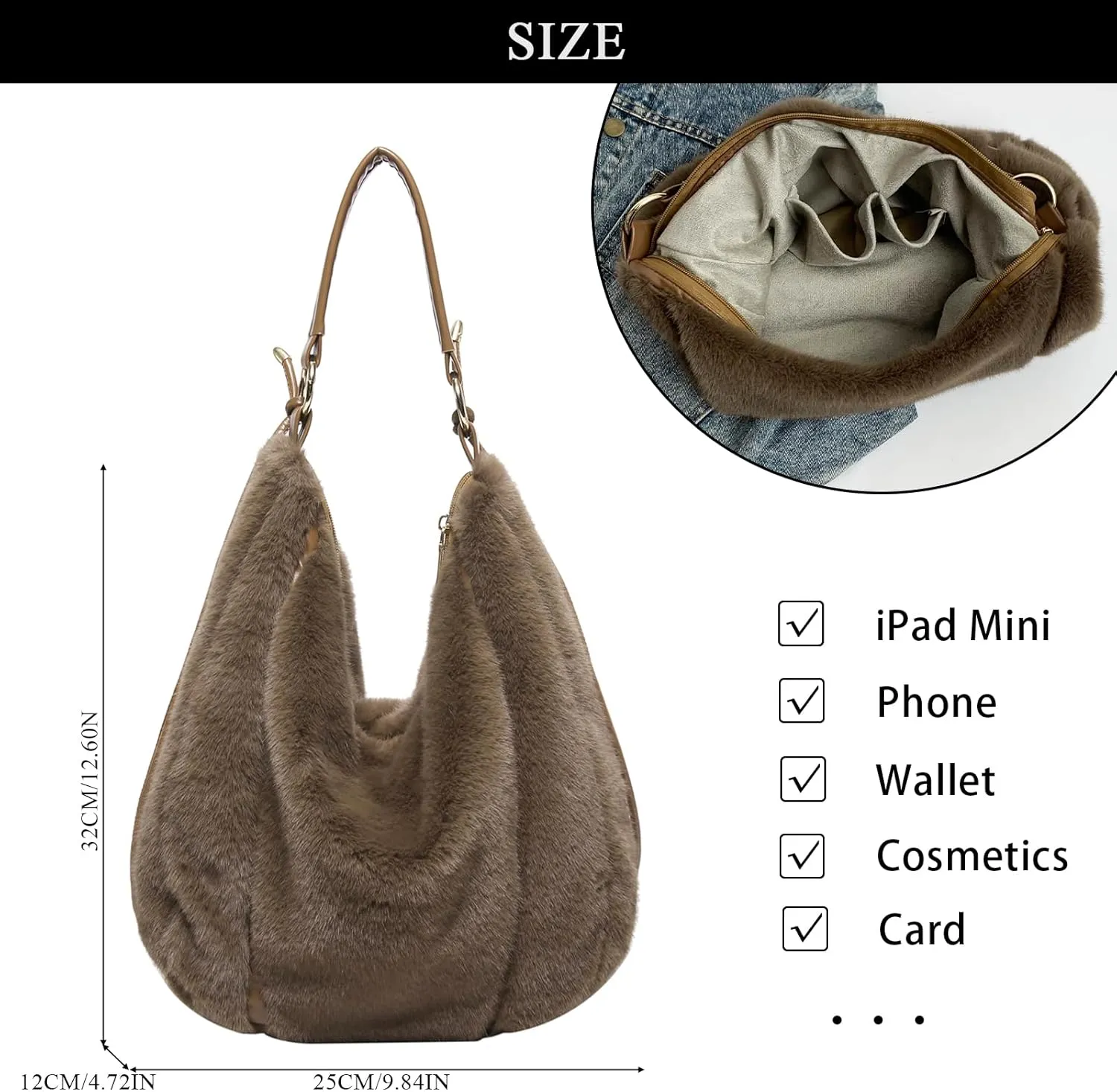 Fluffy Tote Bag, Winter Fuzzy Purses for Women Faux Fur Bag Soft Furry Shoulder Bag Crossbody Handbag Plush Tote Bag