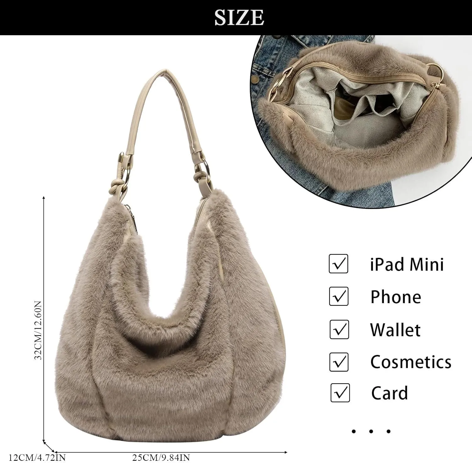 Fluffy Tote Bag, Winter Fuzzy Purses for Women Faux Fur Bag Soft Furry Shoulder Bag