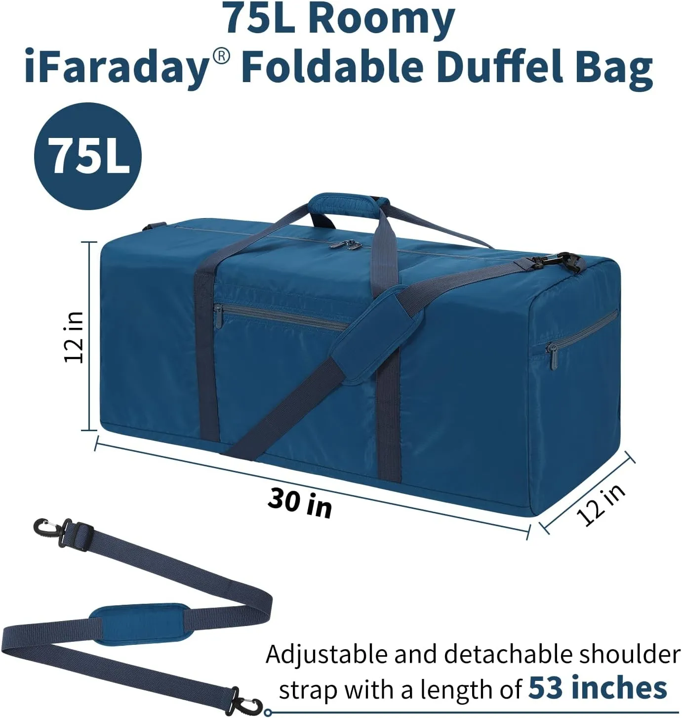 Foldable Duffle Bag 30 inch 75L Large Lightweight Luggage Bag for Travel Camping Storage-Blue