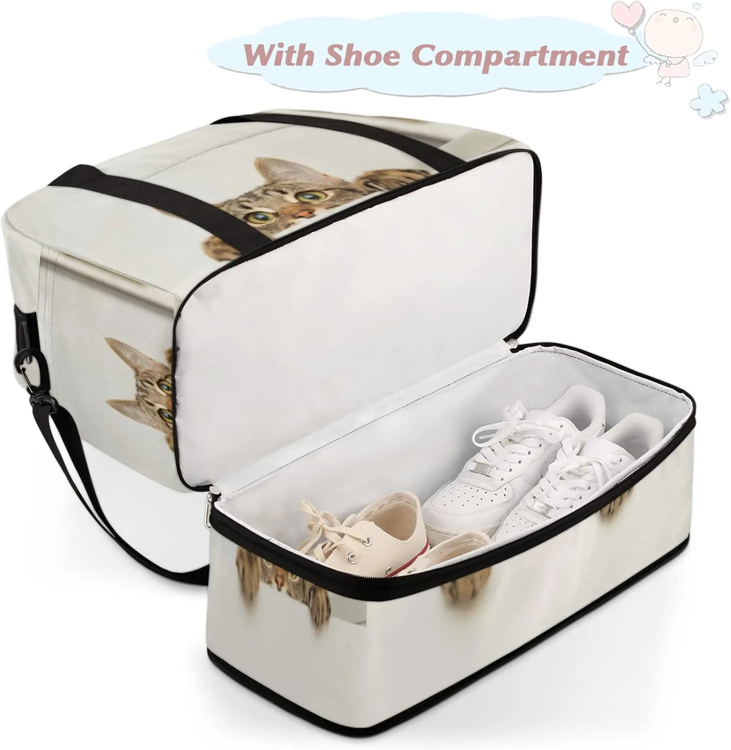 Foldable Travel Duffel Bag with Shoe Compartments Carry on Luggage Sport Duffle Tote for Women Men Gym Bag Overnight Weekender Bags (cute cat)