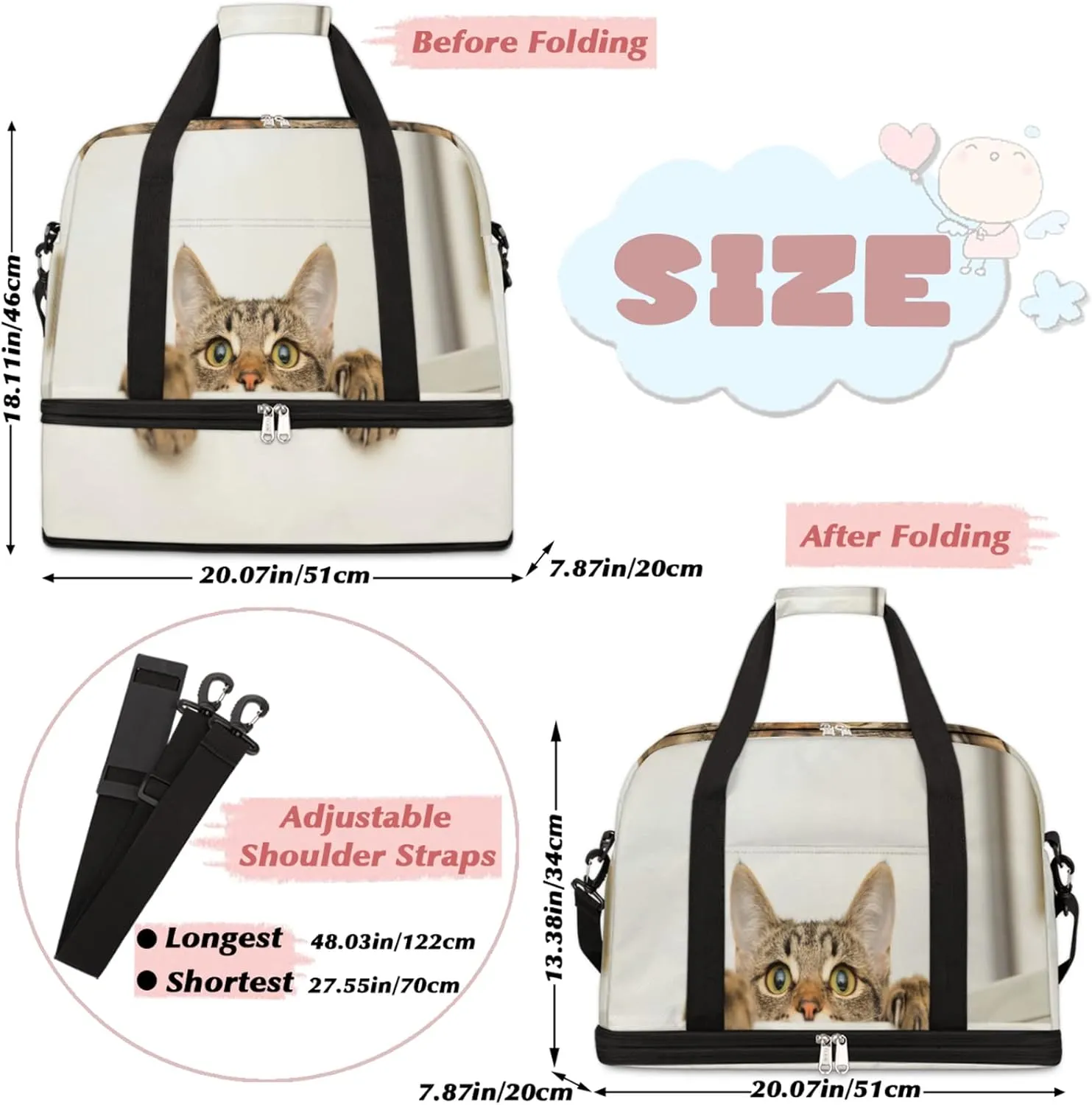 Foldable Travel Duffel Bag with Shoe Compartments Carry on Luggage Sport Duffle Tote for Women Men Gym Bag Overnight Weekender Bags (cute cat)