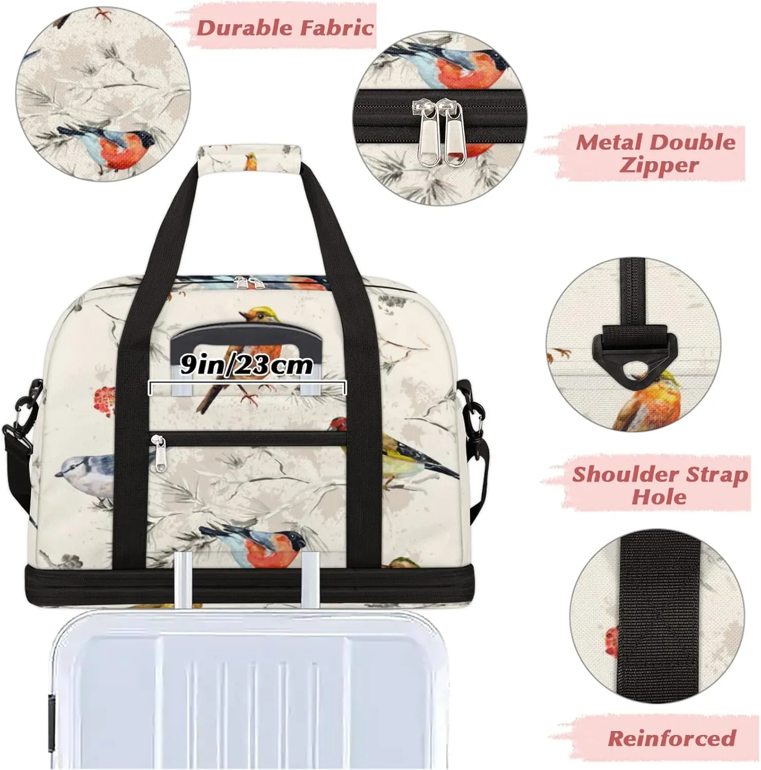 Foldable Travel Duffel Bag with Shoe Compartments Carry on Luggage Sport Duffle Tote for Women Men Gym Bag Overnight Weekender Bags (Vintage Bird painting)