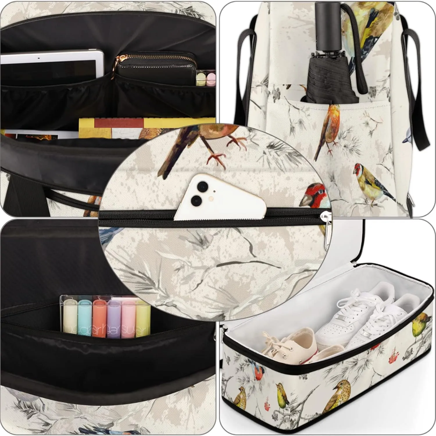 Foldable Travel Duffel Bag with Shoe Compartments Carry on Luggage Sport Duffle Tote for Women Men Gym Bag Overnight Weekender Bags (Vintage Bird painting)