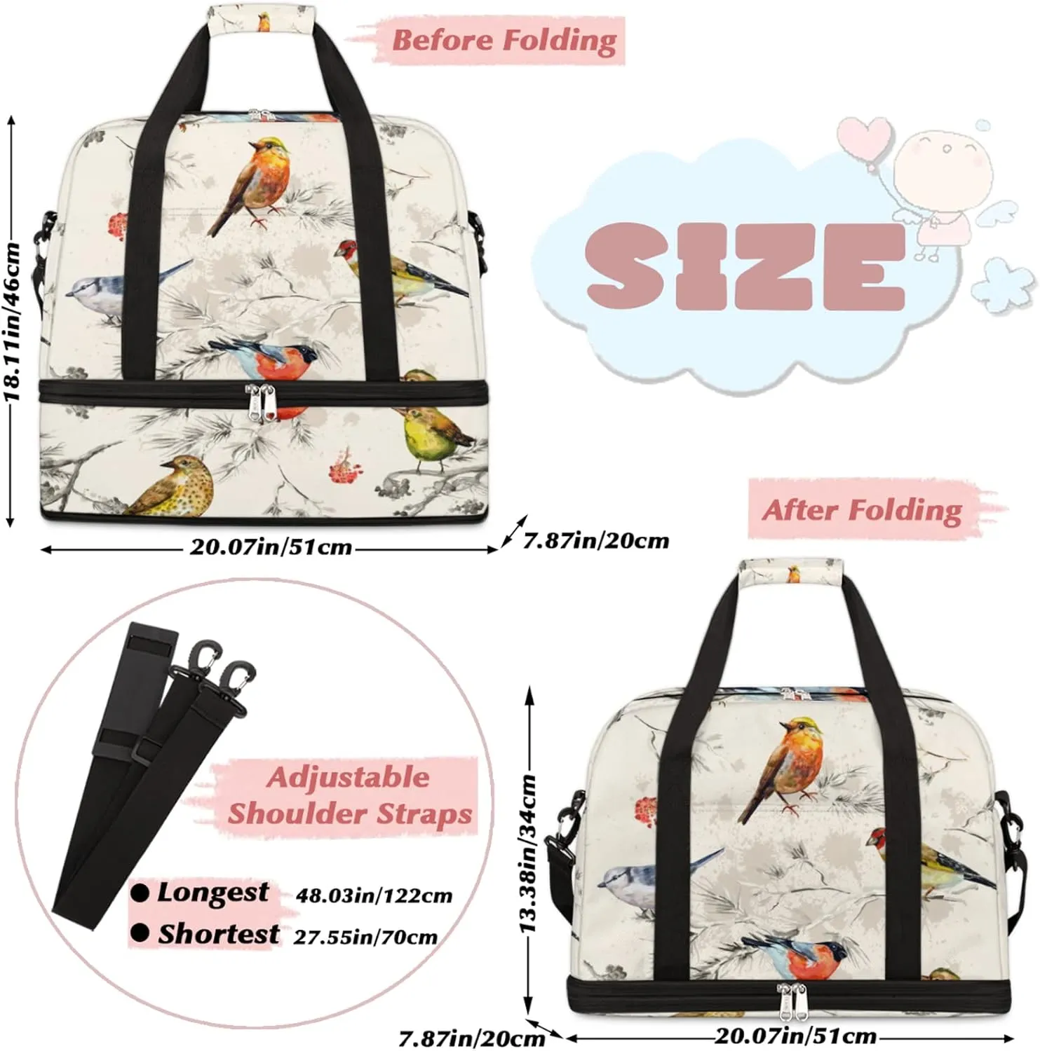 Foldable Travel Duffel Bag with Shoe Compartments Carry on Luggage Sport Duffle Tote for Women Men Gym Bag Overnight Weekender Bags (Vintage Bird painting)
