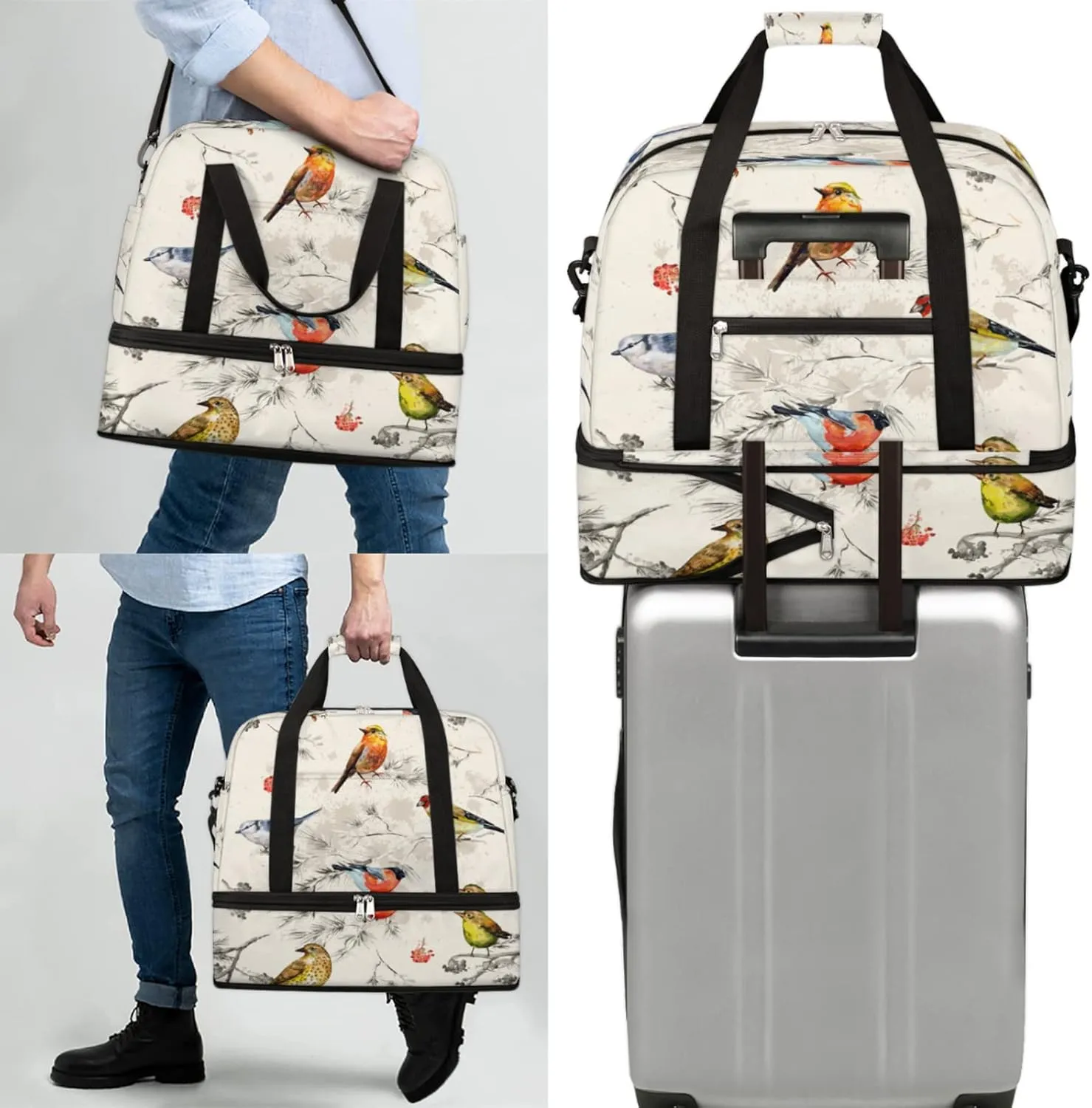 Foldable Travel Duffel Bag with Shoe Compartments Carry on Luggage Sport Duffle Tote for Women Men Gym Bag Overnight Weekender Bags (Vintage Bird painting)