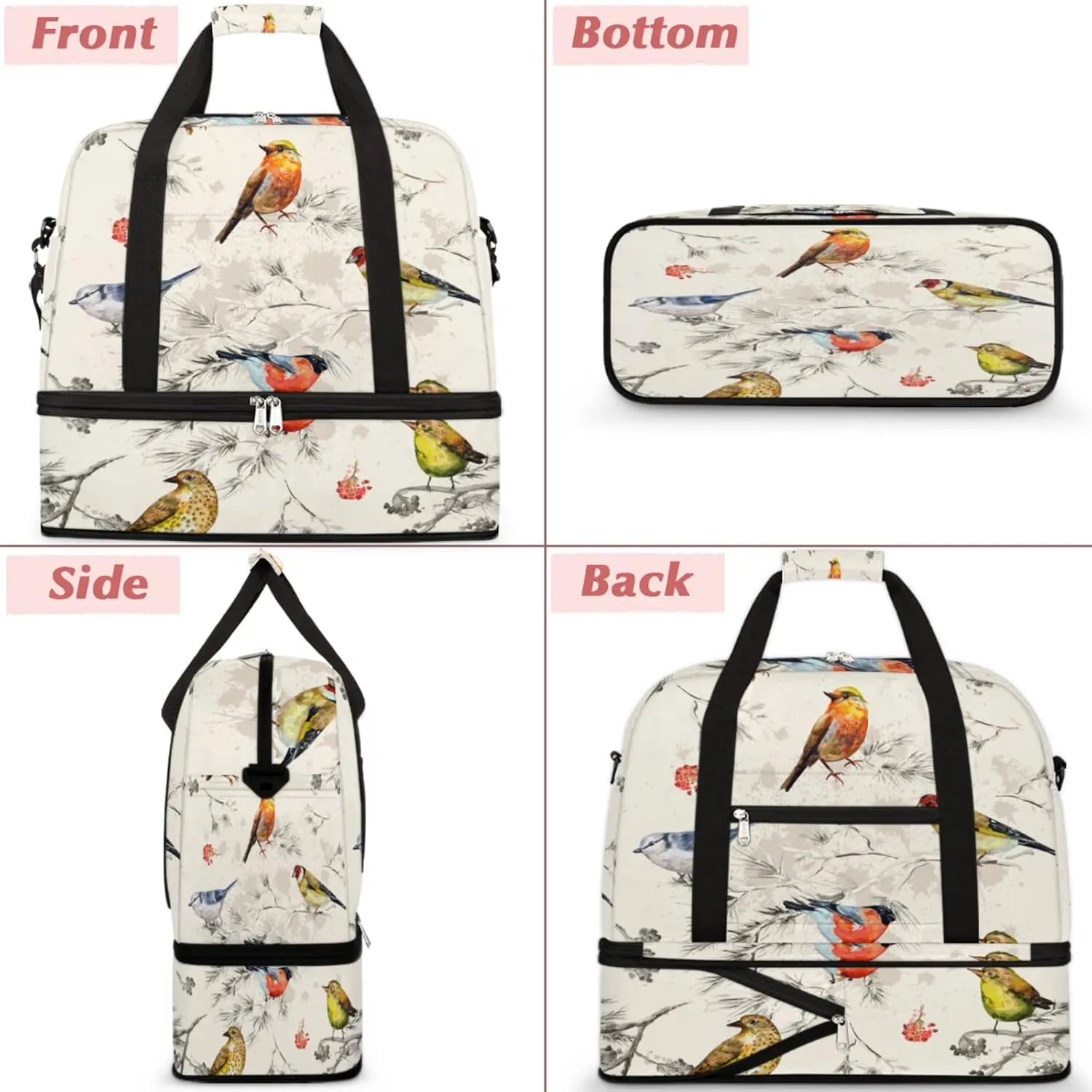 Foldable Travel Duffel Bag with Shoe Compartments Carry on Luggage Sport Duffle Tote for Women Men Gym Bag Overnight Weekender Bags (Vintage Bird painting)