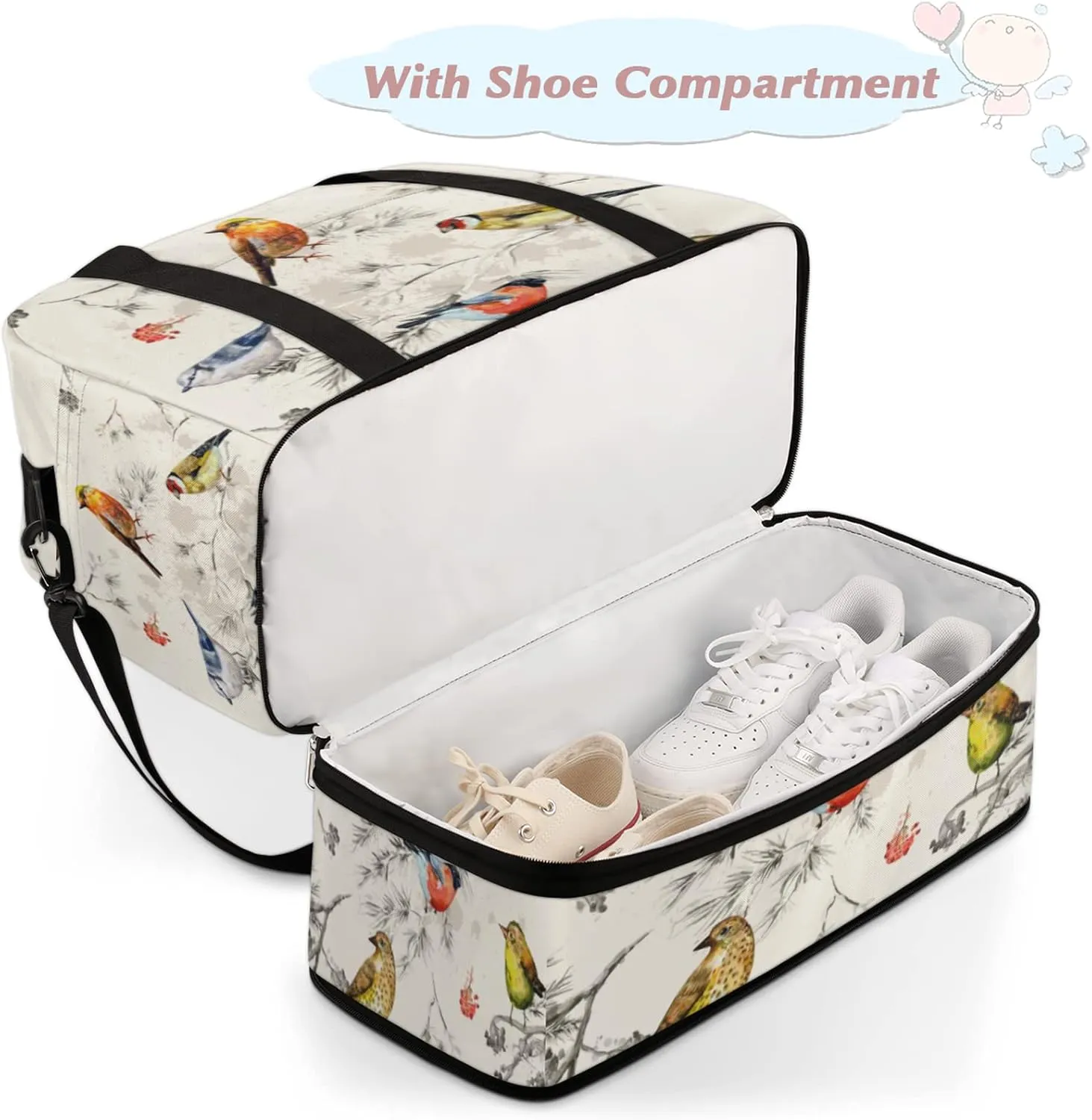 Foldable Travel Duffel Bag with Shoe Compartments Carry on Luggage Sport Duffle Tote for Women Men Gym Bag Overnight Weekender Bags (Vintage Bird painting)