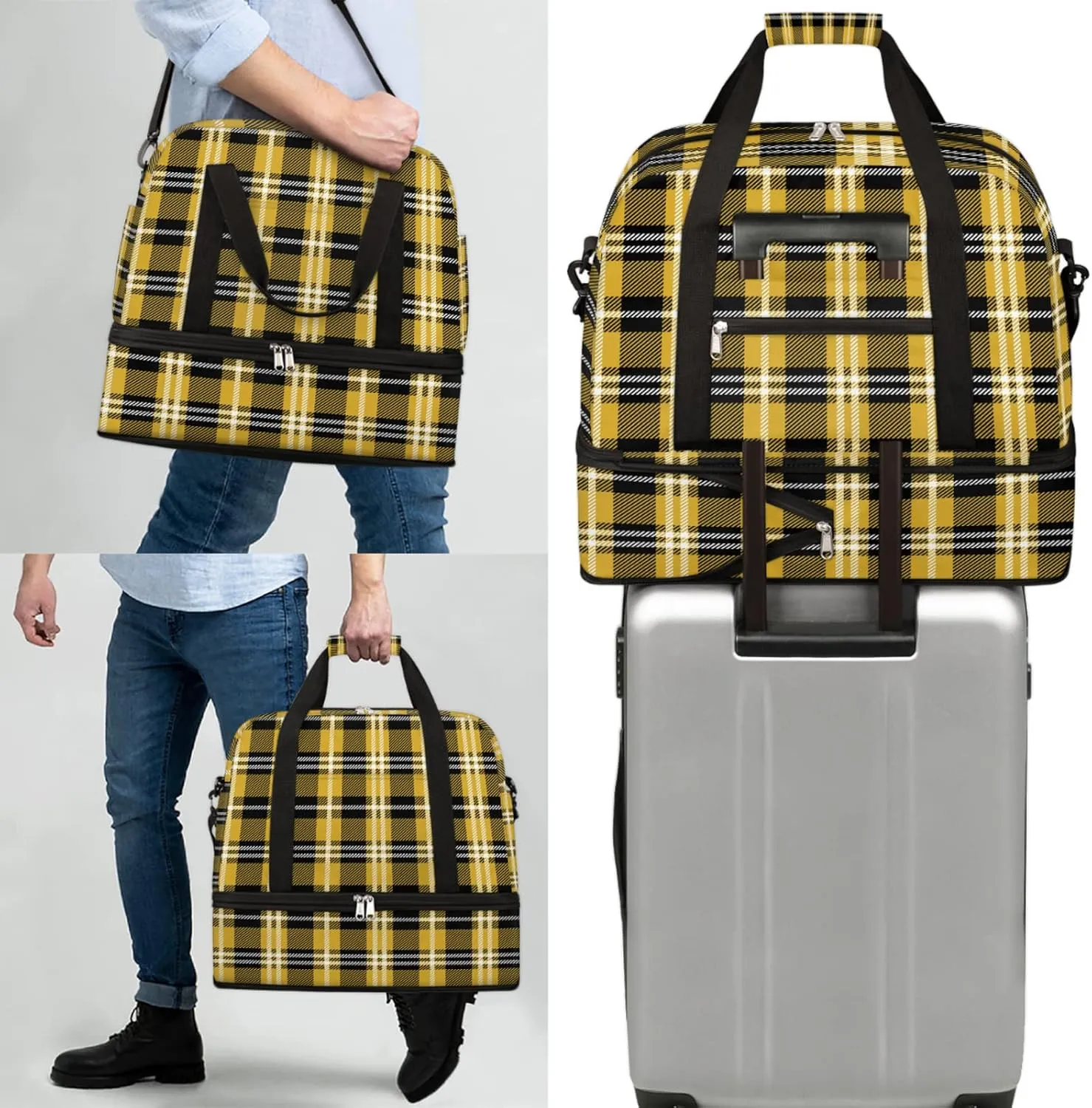 Foldable Travel Duffel Bag with Shoe Compartments Carry on Luggage Sport Duffle Tote for Women Men Gym Bag Overnight Weekender Bags (Yellow Black Plaid)