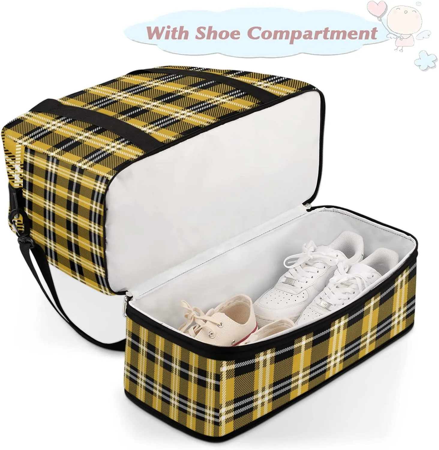 Foldable Travel Duffel Bag with Shoe Compartments Carry on Luggage Sport Duffle Tote for Women Men Gym Bag Overnight Weekender Bags (Yellow Black Plaid)