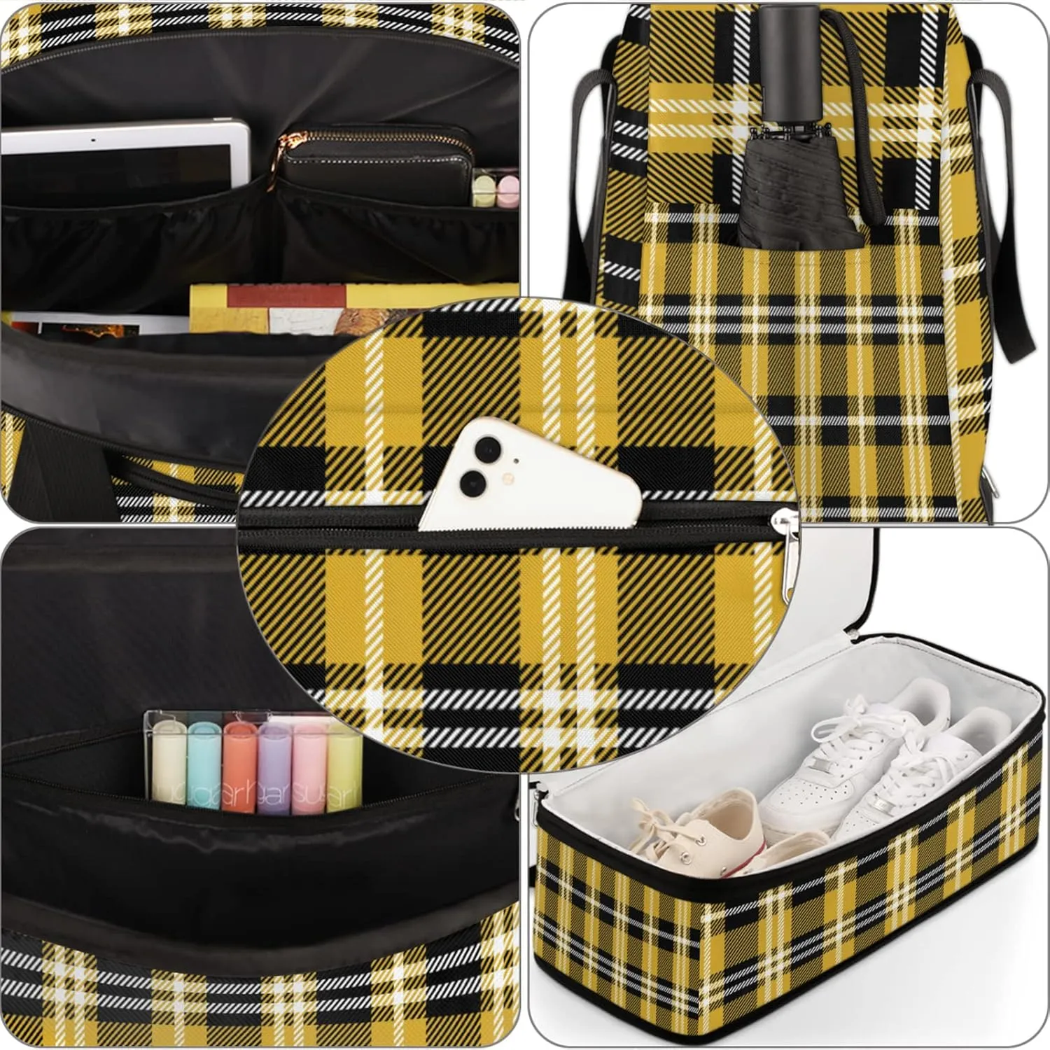 Foldable Travel Duffel Bag with Shoe Compartments Carry on Luggage Sport Duffle Tote for Women Men Gym Bag Overnight Weekender Bags (Yellow Black Plaid)