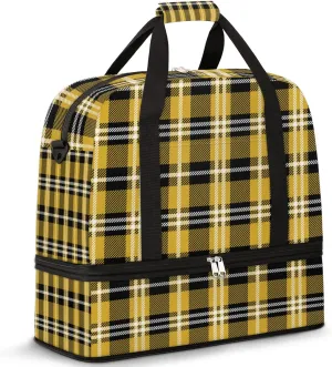 Foldable Travel Duffel Bag with Shoe Compartments Carry on Luggage Sport Duffle Tote for Women Men Gym Bag Overnight Weekender Bags (Yellow Black Plaid)