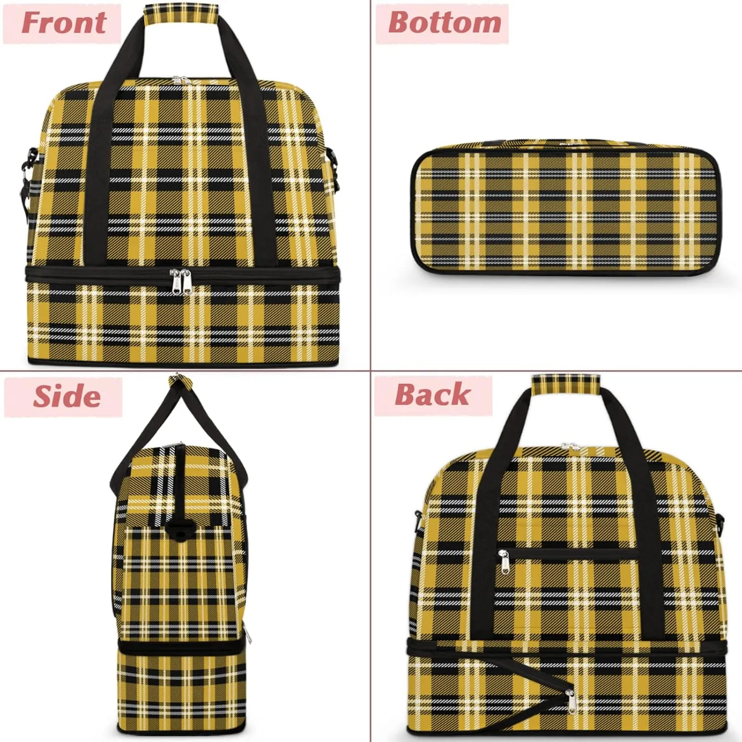 Foldable Travel Duffel Bag with Shoe Compartments Carry on Luggage Sport Duffle Tote for Women Men Gym Bag Overnight Weekender Bags (Yellow Black Plaid)