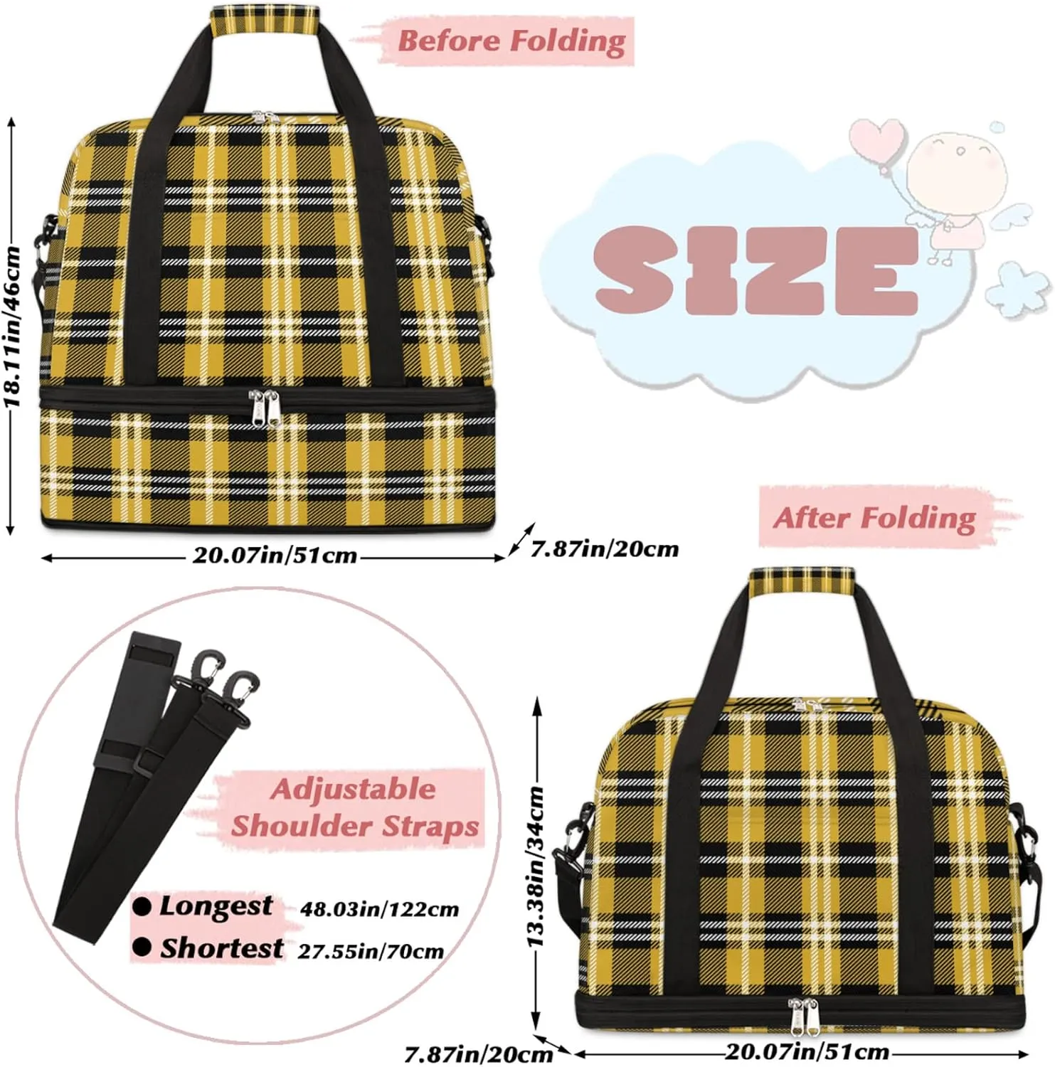 Foldable Travel Duffel Bag with Shoe Compartments Carry on Luggage Sport Duffle Tote for Women Men Gym Bag Overnight Weekender Bags (Yellow Black Plaid)
