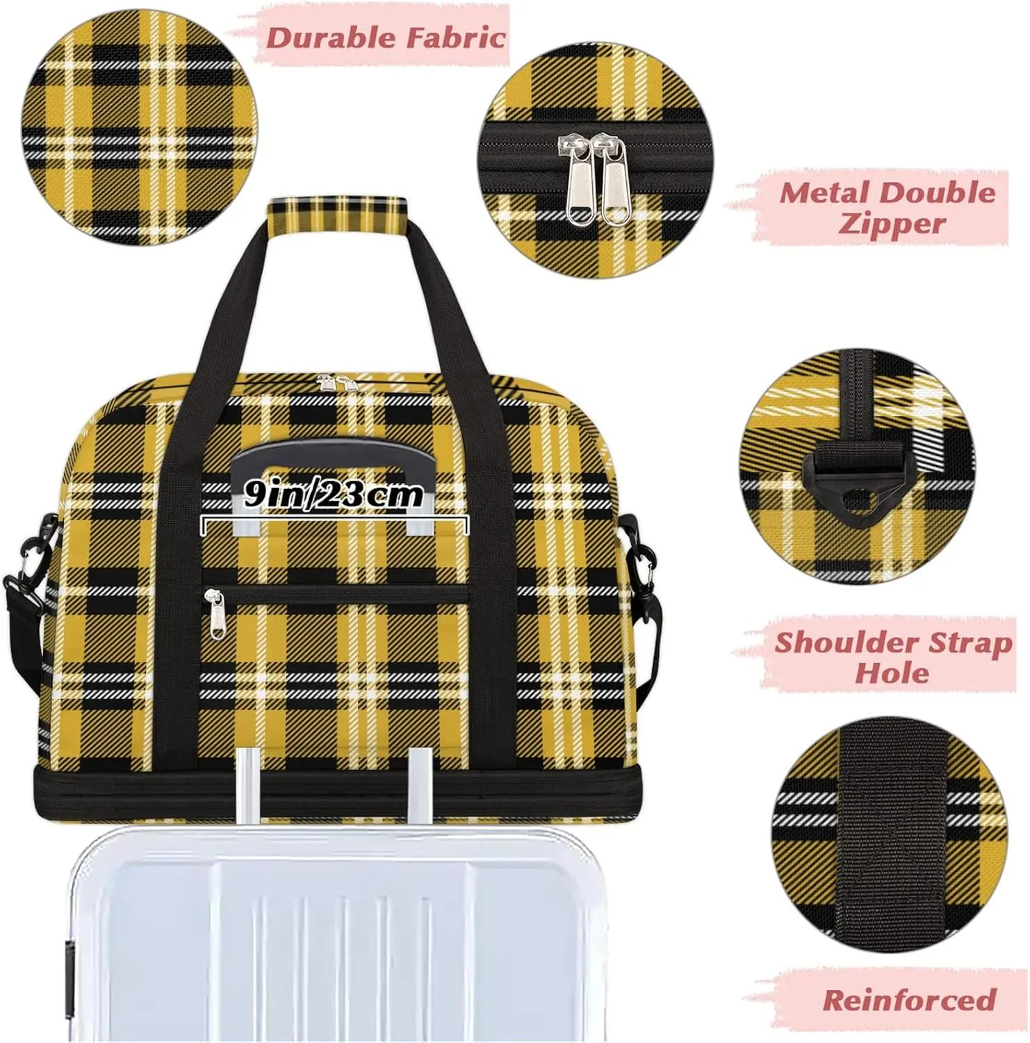 Foldable Travel Duffel Bag with Shoe Compartments Carry on Luggage Sport Duffle Tote for Women Men Gym Bag Overnight Weekender Bags (Yellow Black Plaid)