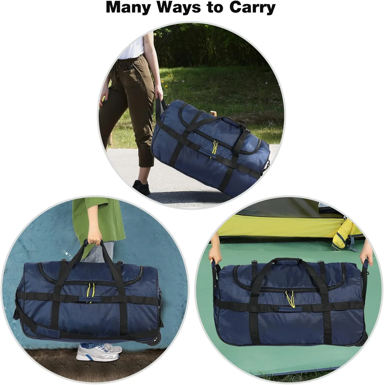 Folding Wheeled Rolling Duffle Bag for Camping Travel, Large Lightweight Duffel Bag with Casters and Pull Handle, 120L, Navy BLue