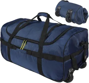 Folding Wheeled Rolling Duffle Bag for Camping Travel, Large Lightweight Duffel Bag with Casters and Pull Handle, 120L, Navy BLue
