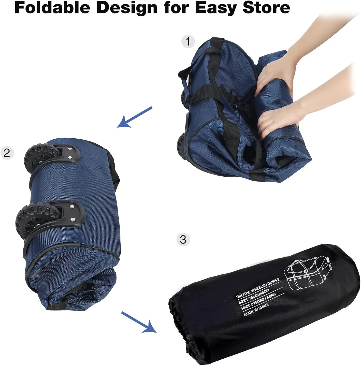 Folding Wheeled Rolling Duffle Bag for Camping Travel, Large Lightweight Duffel Bag with Casters and Pull Handle, 120L, Navy BLue