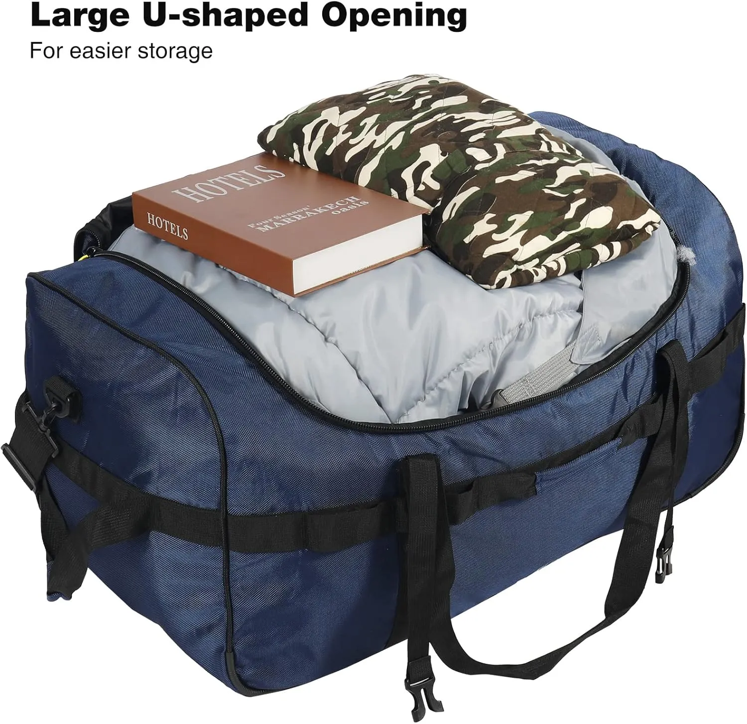Folding Wheeled Rolling Duffle Bag for Camping Travel, Large Lightweight Duffel Bag with Casters and Pull Handle, 120L, Navy BLue