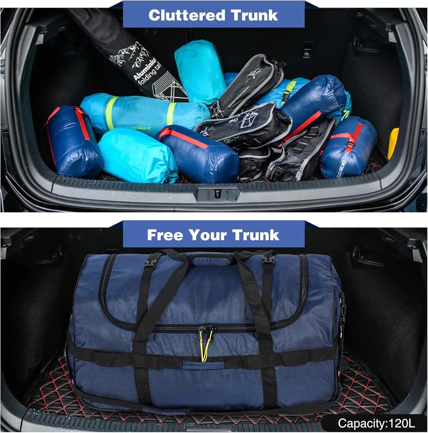 Folding Wheeled Rolling Duffle Bag for Camping Travel, Large Lightweight Duffel Bag with Casters and Pull Handle, 120L, Navy BLue