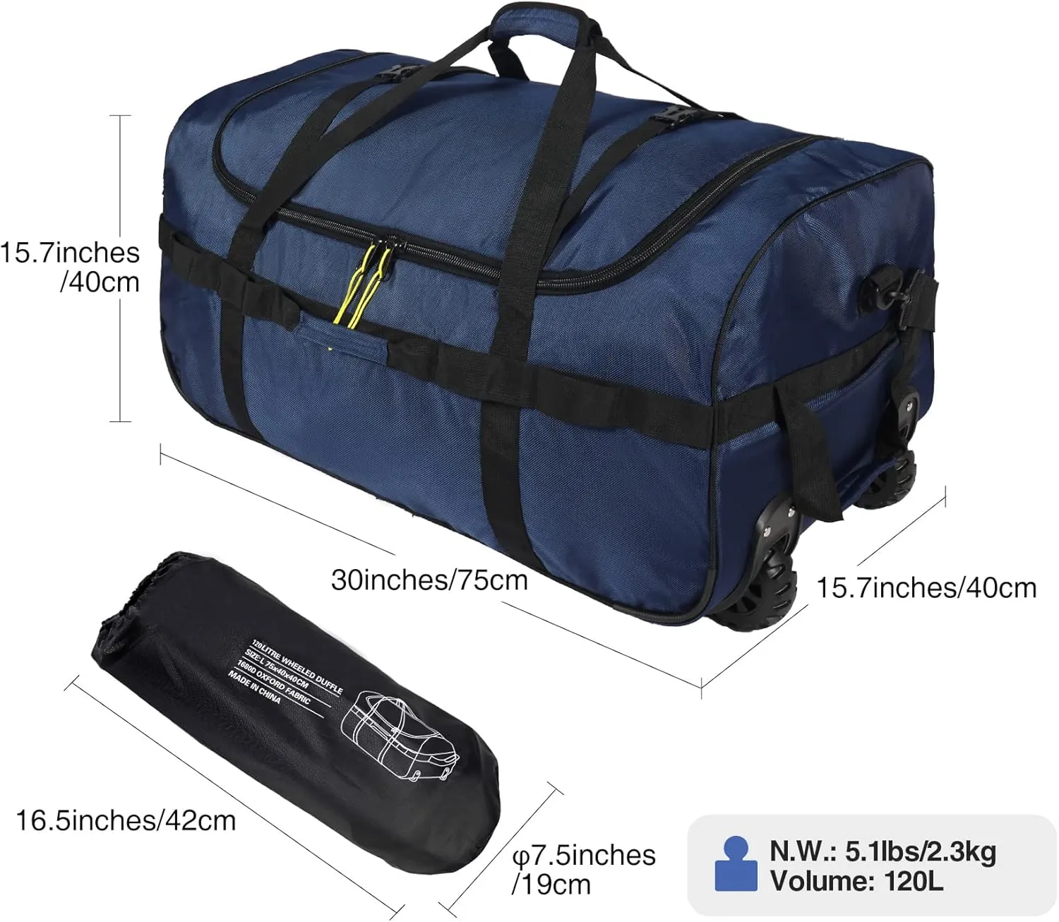 Folding Wheeled Rolling Duffle Bag for Camping Travel, Large Lightweight Duffel Bag with Casters and Pull Handle, 120L, Navy BLue