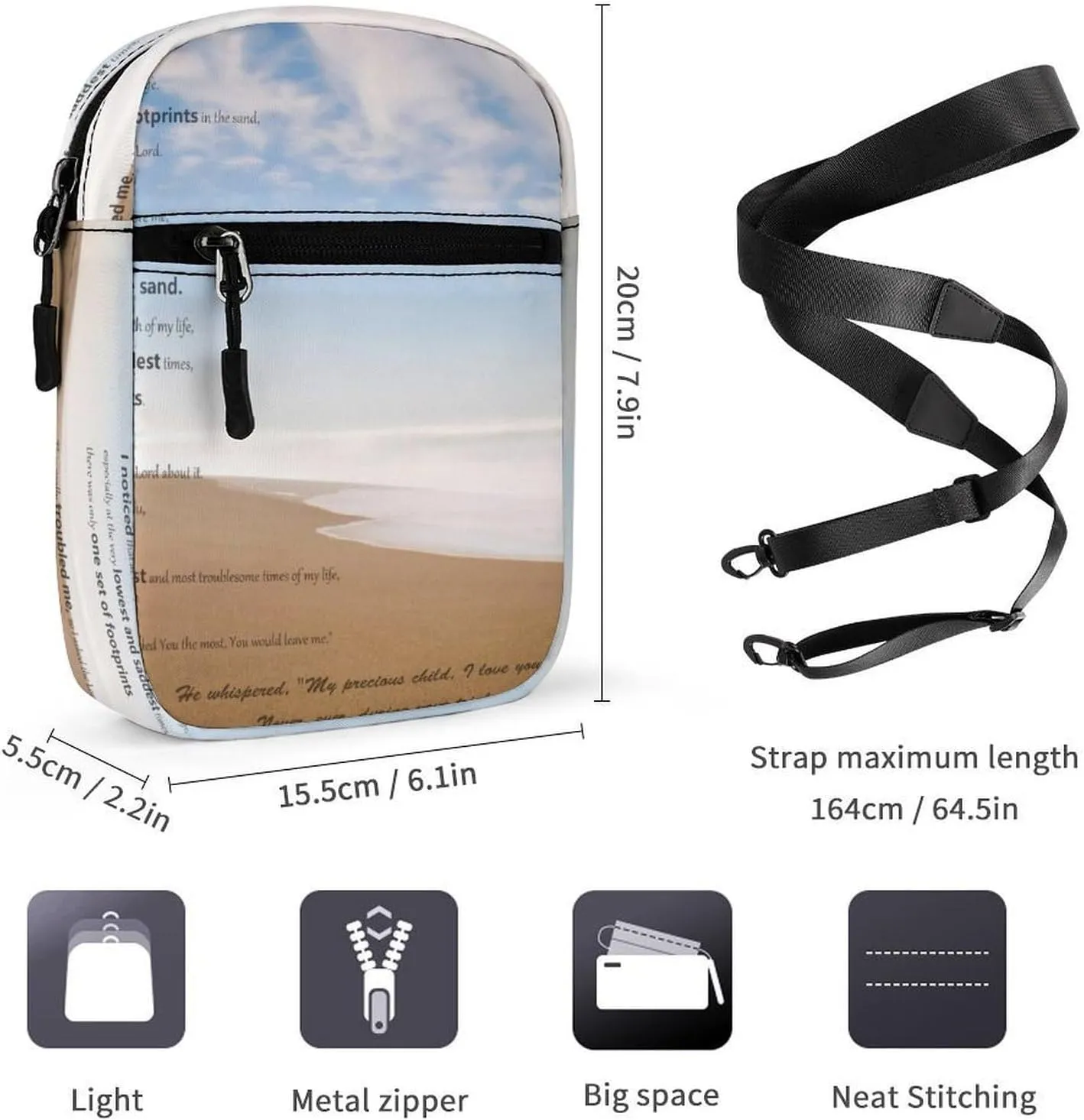 Foot Printsin The Sand Poem Crossbody Bag Small Shoulder Bag Waterproof, Lightweight And Convenient